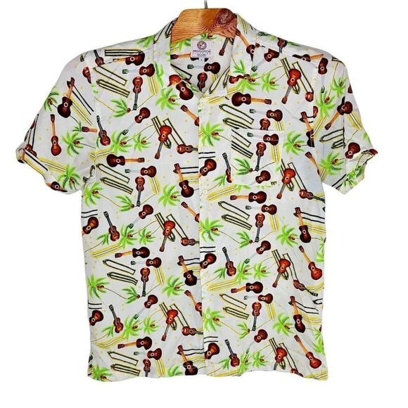 Hawaiian Ukulele & Palm Trees Button Front Shirt Men's Short Sleeve Size Large - Picture 1 of 6
